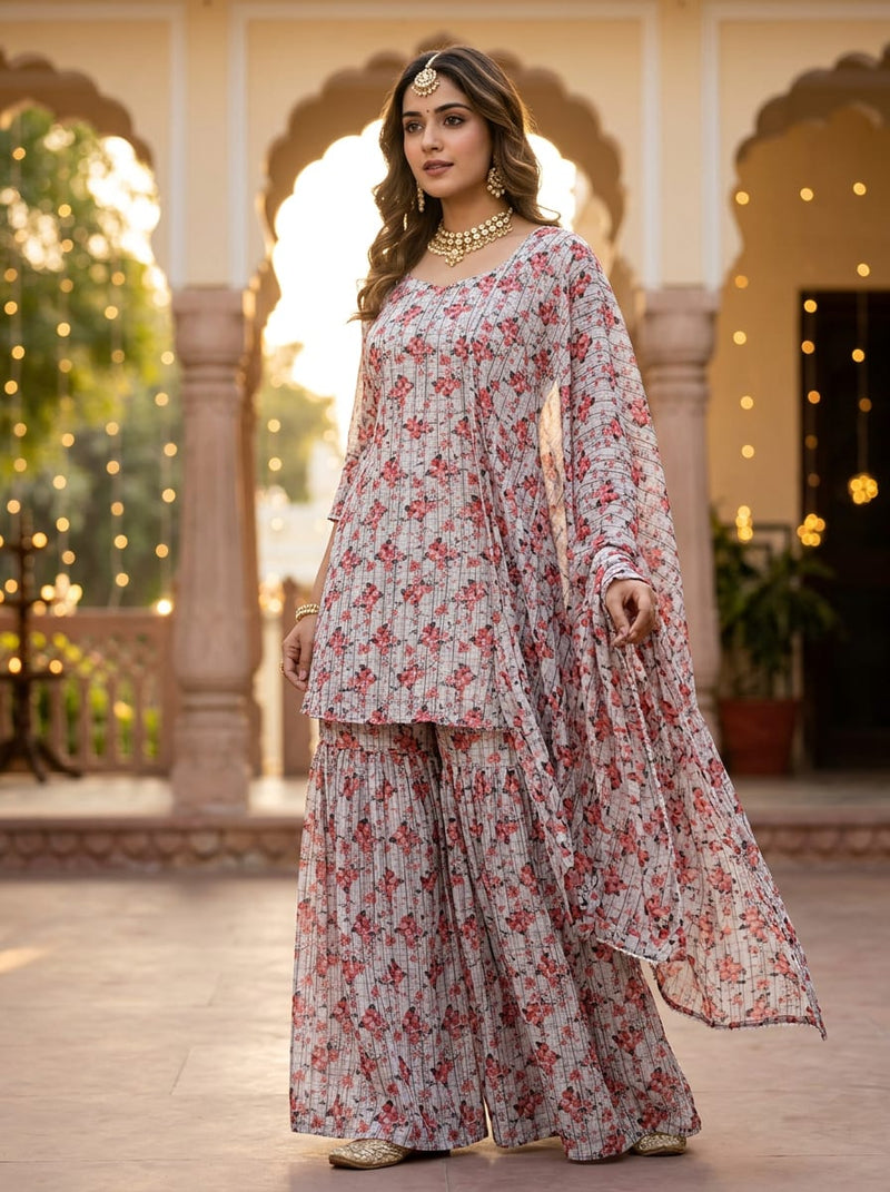 Pink Floral on Grey Check Weightless Digital Printed Fabric