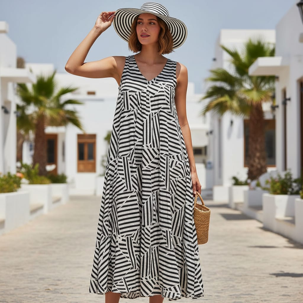 Attractive Black Strips With Bone Colour Digital Printed Fabric - Muslin