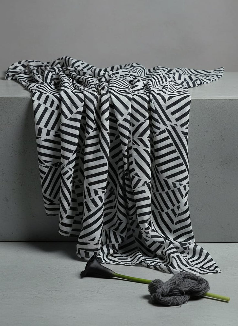 Attractive Black Strips With Bone Colour Digital Printed Fabric - Muslin