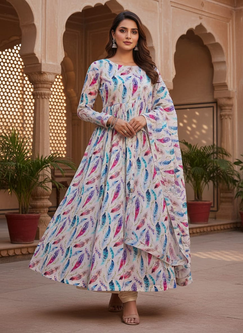 Feathers Digital Printed Fabric - Natural crepe