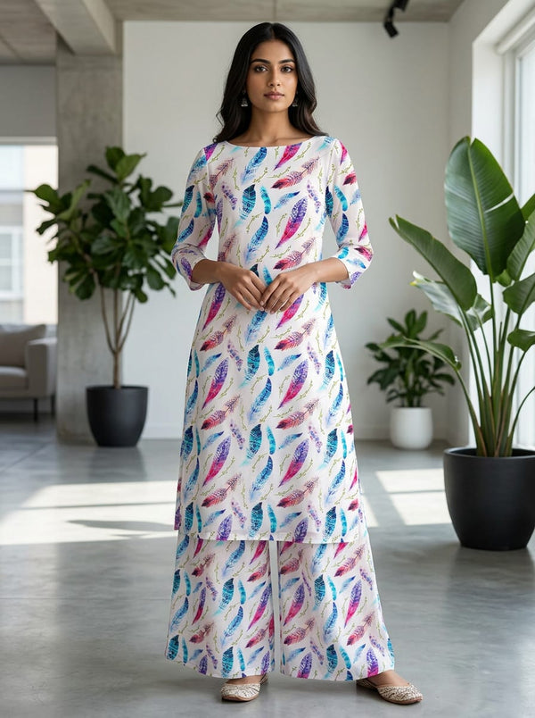 Multicolor Colorful Ethnic Feather Print Natural Crepe Digital Printed Fabric - Straight Kurta with Palazzo Lookbook - NC-0-TA01149-108 - alternate view