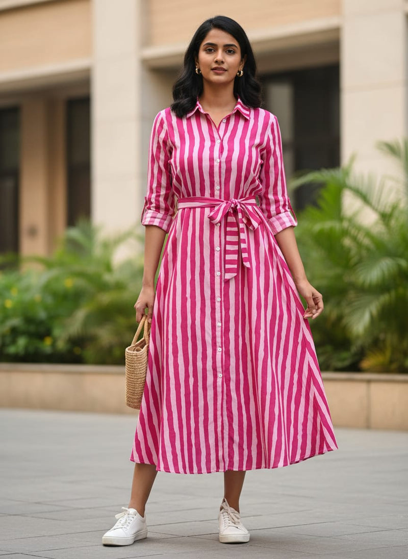 Pink Breton Stripes Pattern Digital Printed Fabric - Pure Cotton