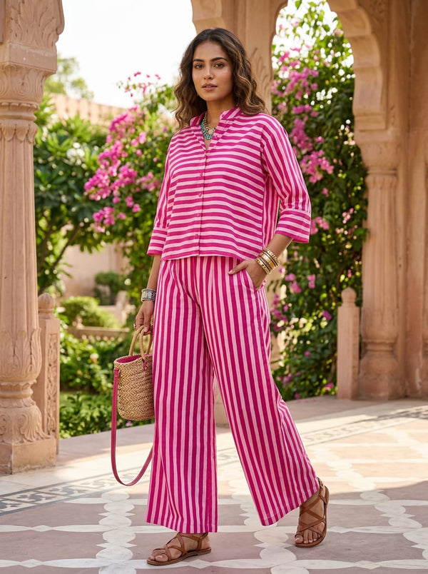 Pink Wavy Diagonal Stripes Pure Cotton Digital Printed Fabric - Co-ord Set with Wide Leg Pants Lookbook - PCO-0-TA08570P8-108 - alternate view