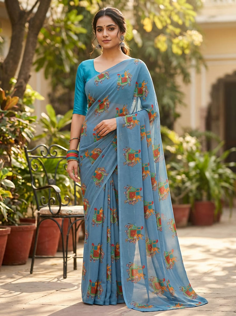 Blue Ethnic Royal Elephant Rider Pure Georgette Digital Printed Fabric