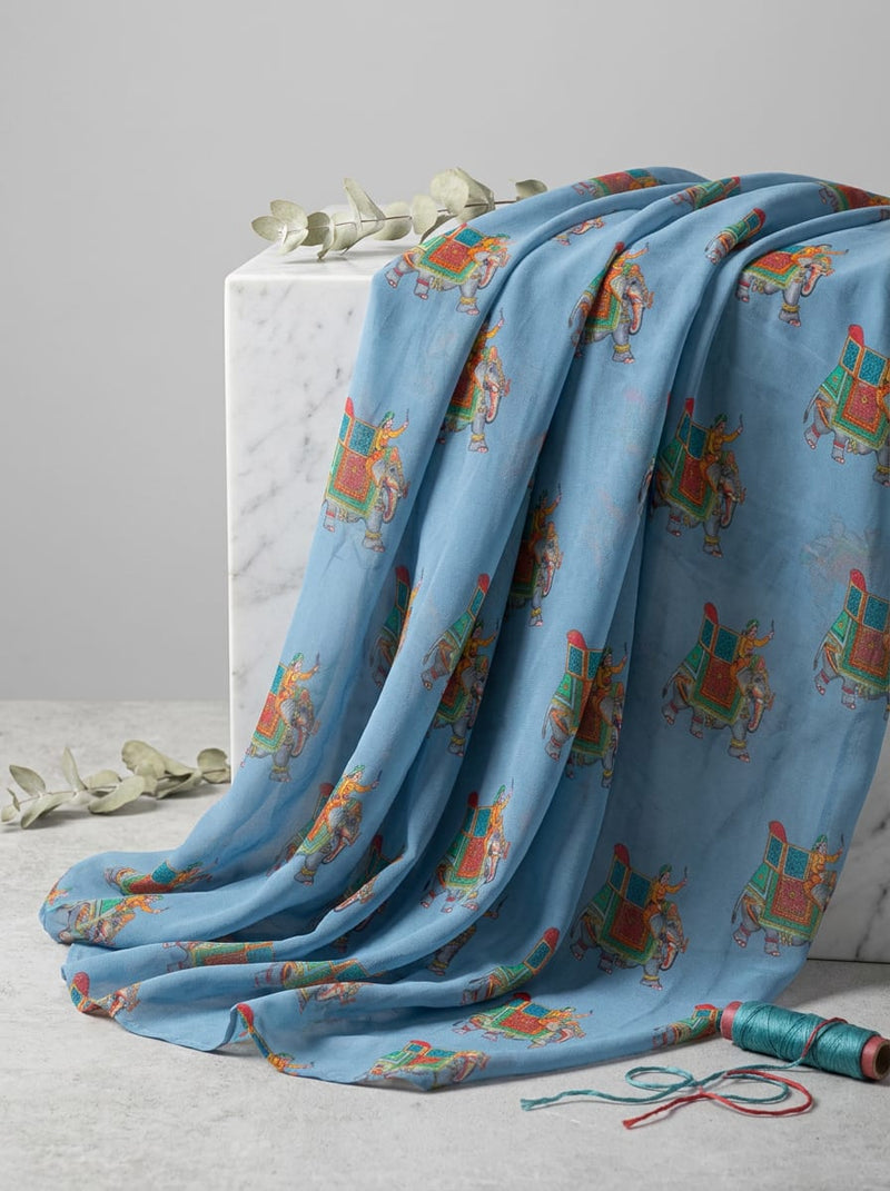 Blue Ethnic Royal Elephant Rider Pure Georgette Digital Printed Fabric