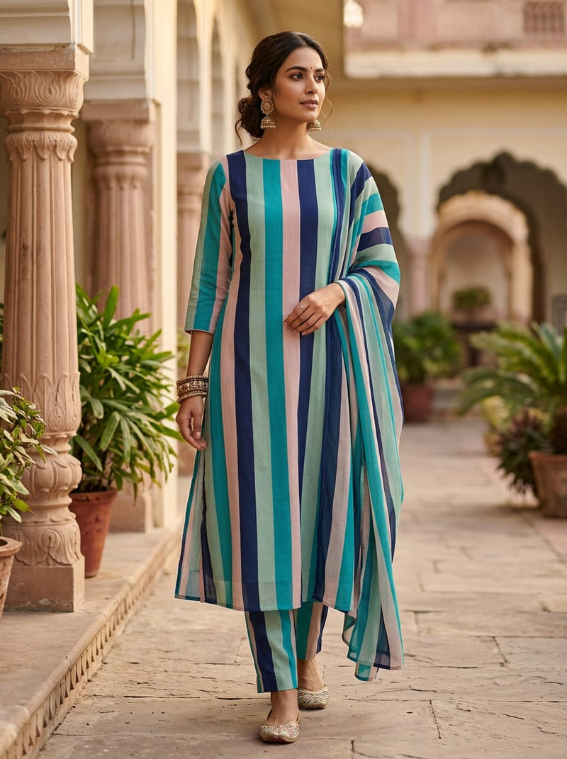Multicolor Wavy Vertical Stripes Pure Muslin Digital Printed Fabric