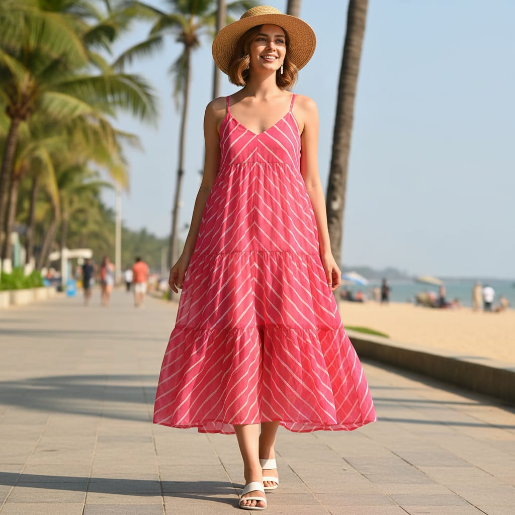 Lovely Pink Gradient Strips Wave Digital Printed Fabric - Georgette