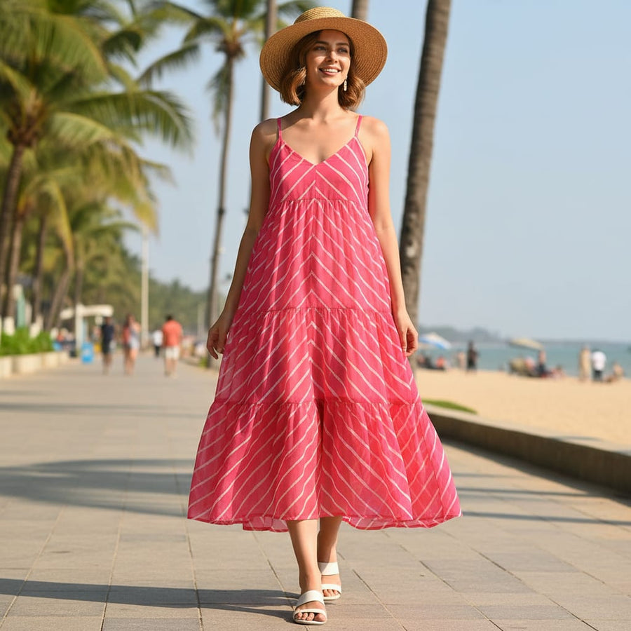 Lovely Pink Gradient Strips Wave Digital Printed Fabric - Georgette