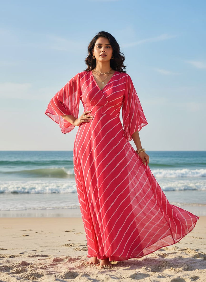 Lovely Pink Gradient Strips Wave Digital Printed Fabric - Georgette