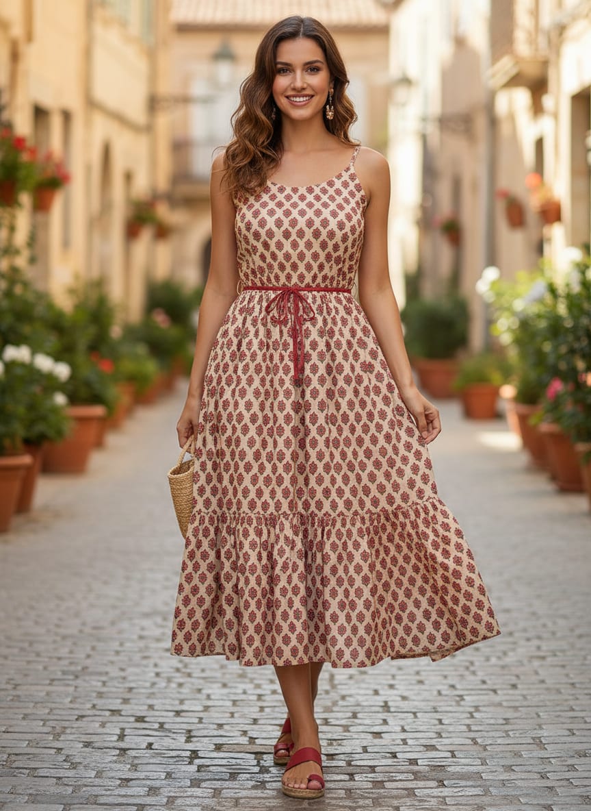 Red Flower Motif Block Digital Printed Fabric - Upada Silk
