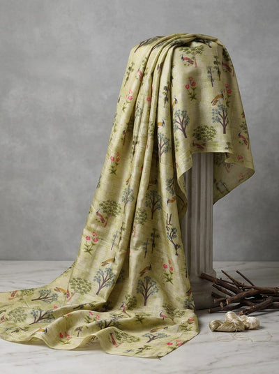 Cream Ethnic Birds and Trees Print Upada Silk Digital Printed Fabric