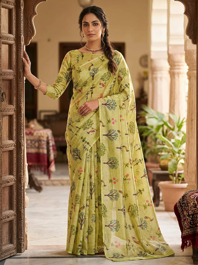 Cream Ethnic Birds and Trees Print Upada Silk Digital Printed Fabric