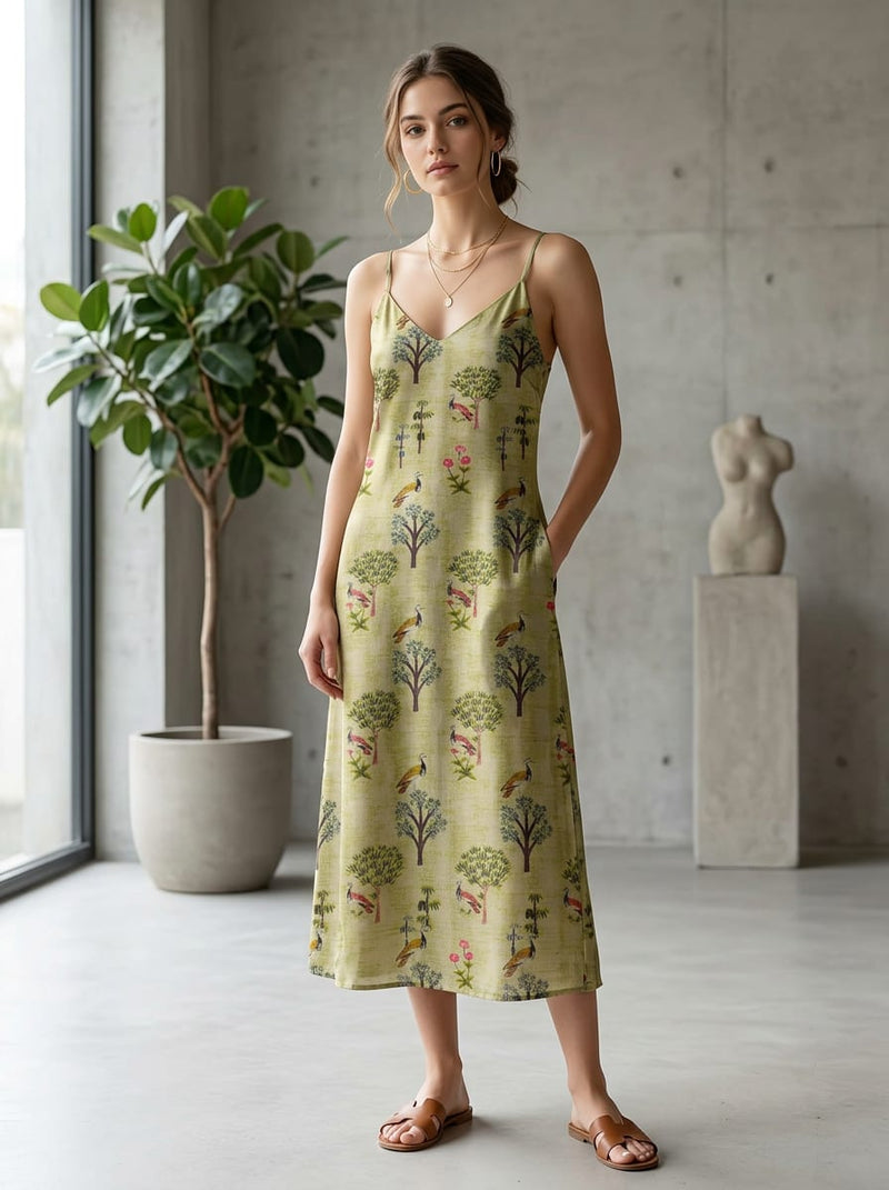 Cream Ethnic Birds and Trees Print Upada Silk Digital Printed Fabric
