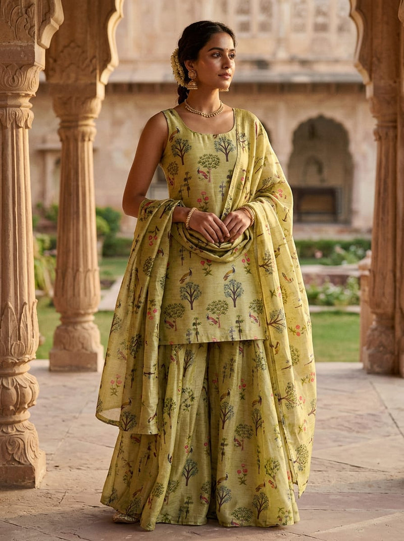 Cream Ethnic Birds and Trees Print Upada Silk Digital Printed Fabric