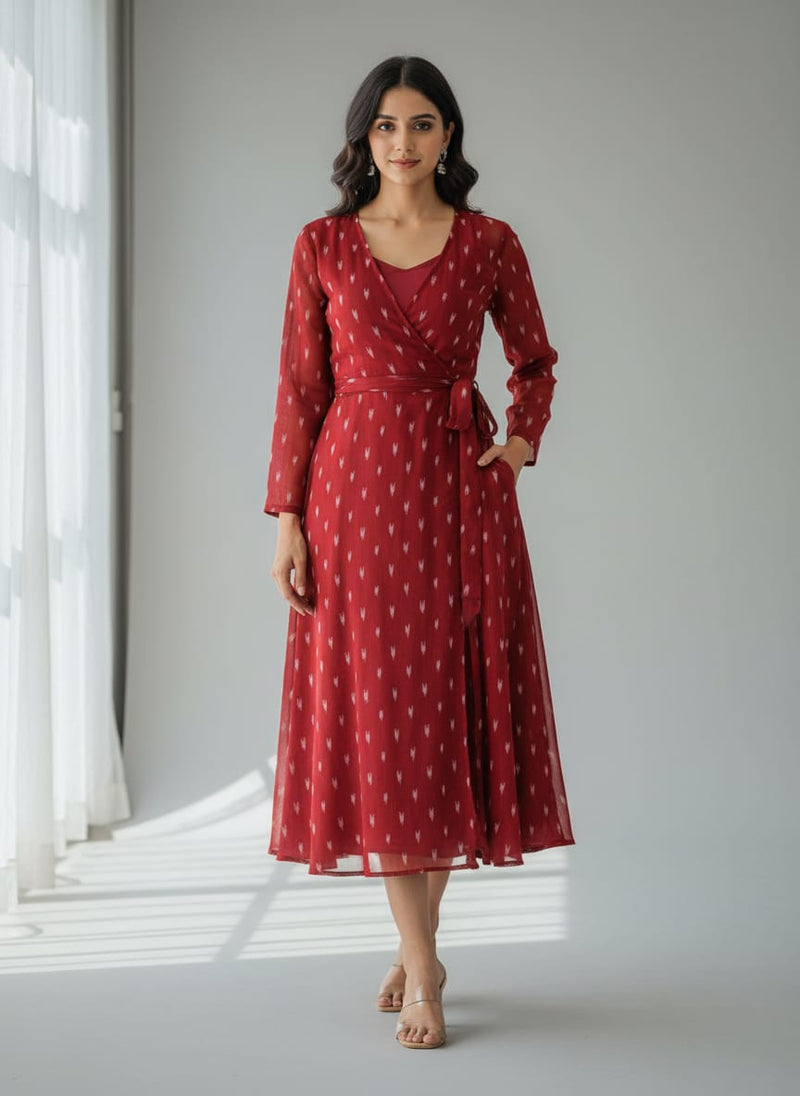 Red Polka Motif Digital Printed Fabric - Weightless