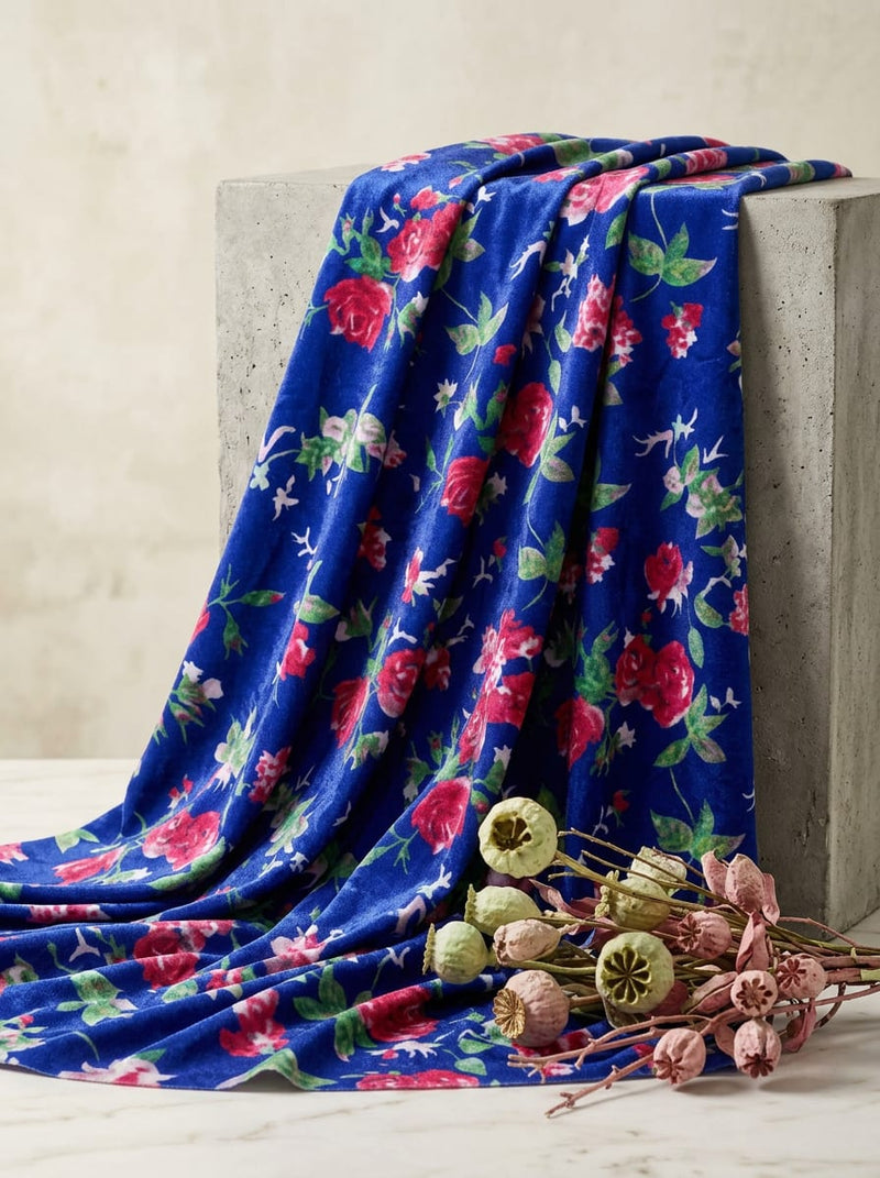Blue Classic Rose Floral Velvet Digital Printed Fabric