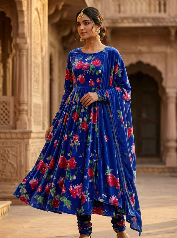 Blue Classic Rose Floral Velvet Digital Printed Fabric - Anarkali Kurta Set Lookbook - VEL-0-FVS202224-111 - alternate view