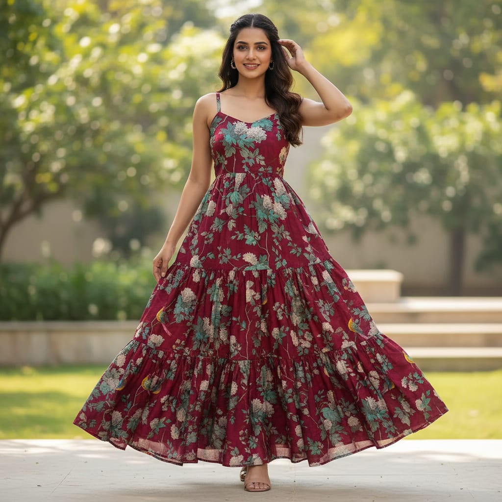 Viscose Upada Silk Digital Printed Fabric with Floral Patterns in Maroon Color