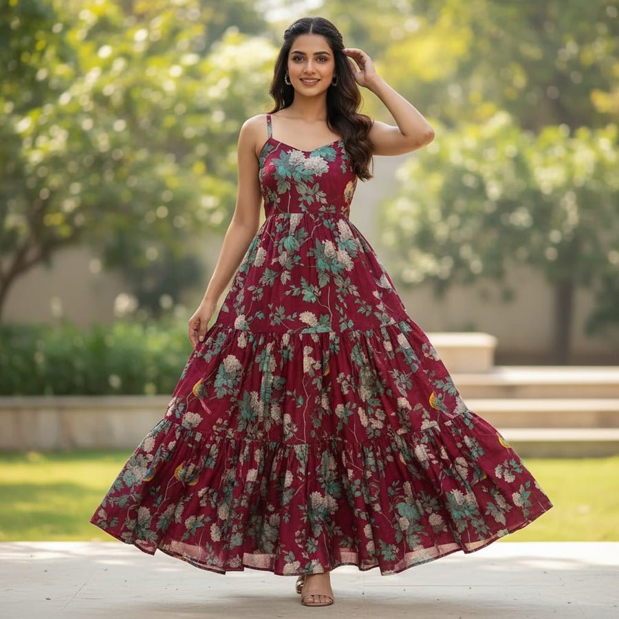 Viscose Upada Silk Digital Printed Fabric with Floral Patterns in Maroon Color