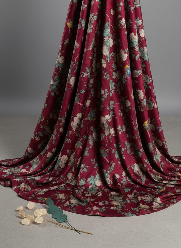 Viscose Upada Silk Digital Printed Fabric with Floral Patterns in Maroon Color - Fabric Editorial Studio Flatlay Lookbook - US-0-FVS202213-151