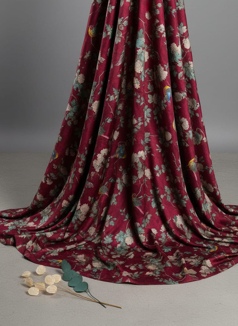 Viscose Upada Silk Digital Printed Fabric with Floral Patterns in Maroon Color