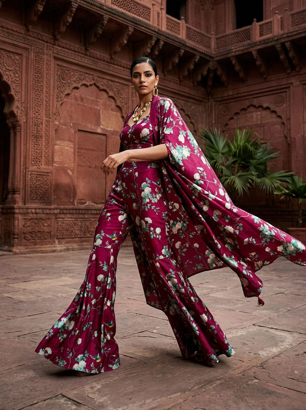 Maroon Vintage Botanical Bird and Floral Upada Silk Digital Printed Fabric - Draped Cape with Flared Pants Lookbook - US-0-FVS202213-151 - alternate view