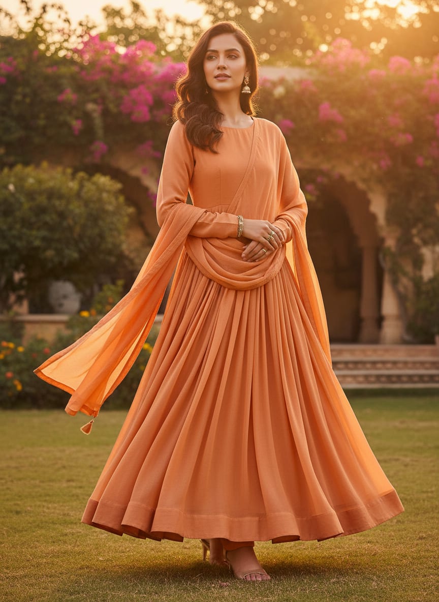Viscose Chinon Solid Dyed Fabric in Dark Peach Color