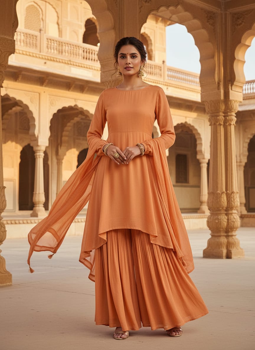 Viscose Chinon Solid Dyed Fabric in Dark Peach Color