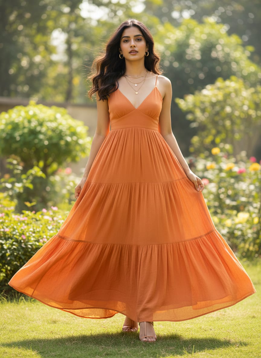 Viscose Chinon Solid Dyed Fabric in Dark Peach Color