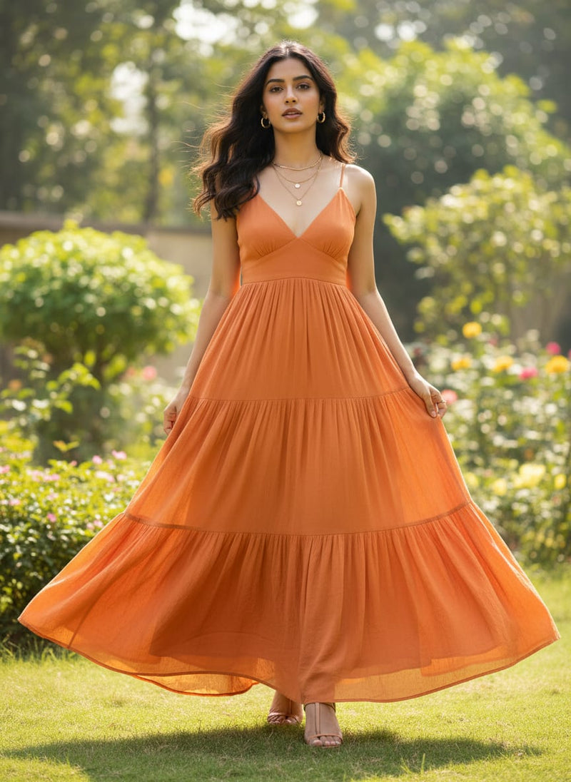 Viscose Chinon Solid Dyed Fabric in Dark Peach Color