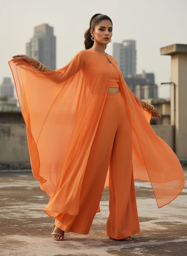 Viscose Chinon Solid Dyed Fabric in Dark Peach Color - Cape with Palazzo Lookbook - PLPC-0-PL1969-108 - alternate view