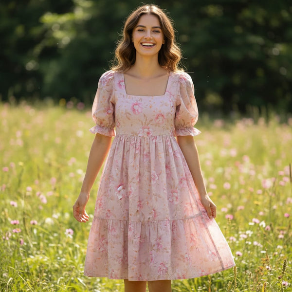 Pure Cotton Digital Printed Fabrics in Light Pink and Floral Leaves Pattern - alternate view