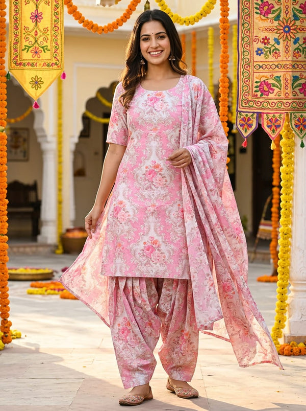 Pink Vintage Rose Damask Pure Cotton Digital Printed Fabric - Patiala Salwar Set Lookbook - PCO-0-FVS2022580-108 - alternate view