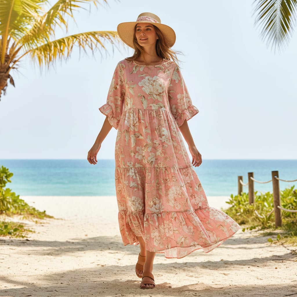 Pure Cotton Digital Printed Fabric - Peach Color & Floral Design