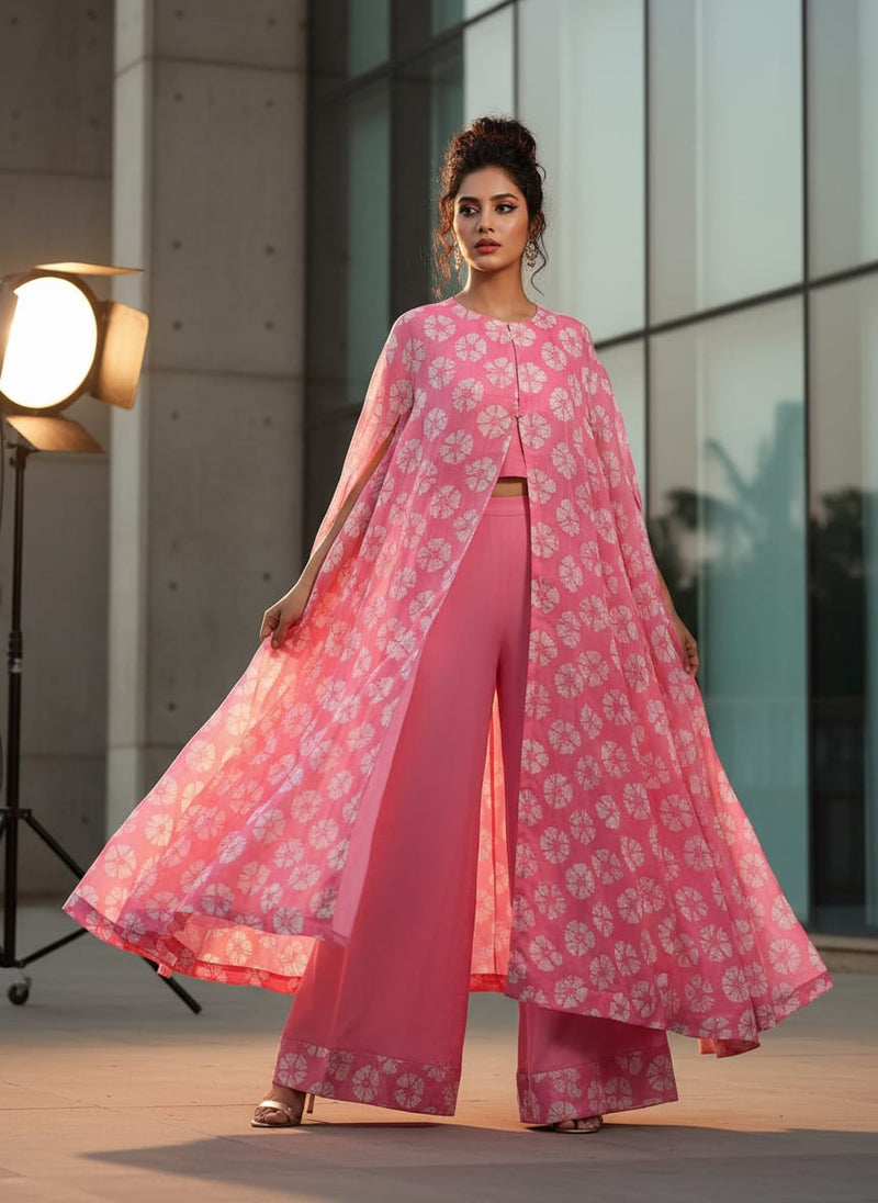 Chanderi Fabric with Pink Floral and Butti Pattern