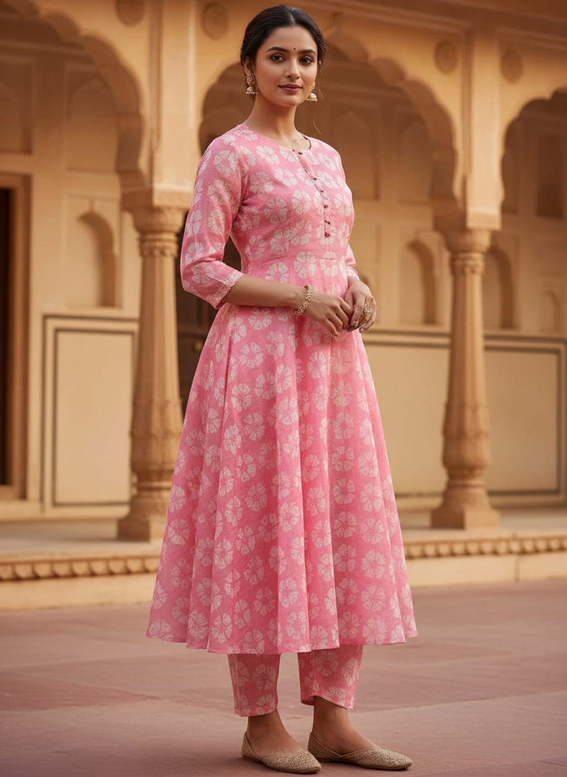 Chanderi Fabric with Pink Floral and Butti Pattern