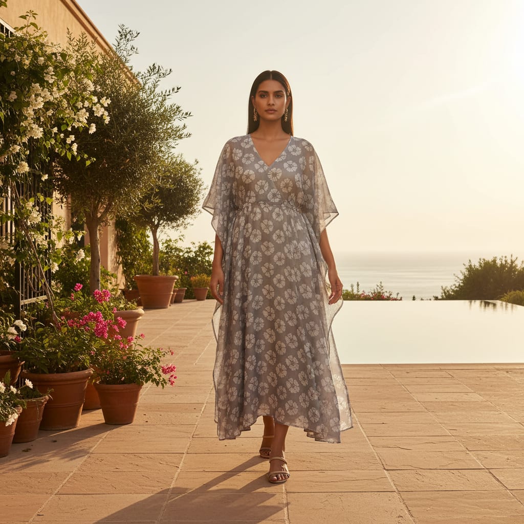 Chanderi Fabric with Gray Floral & Butti Design