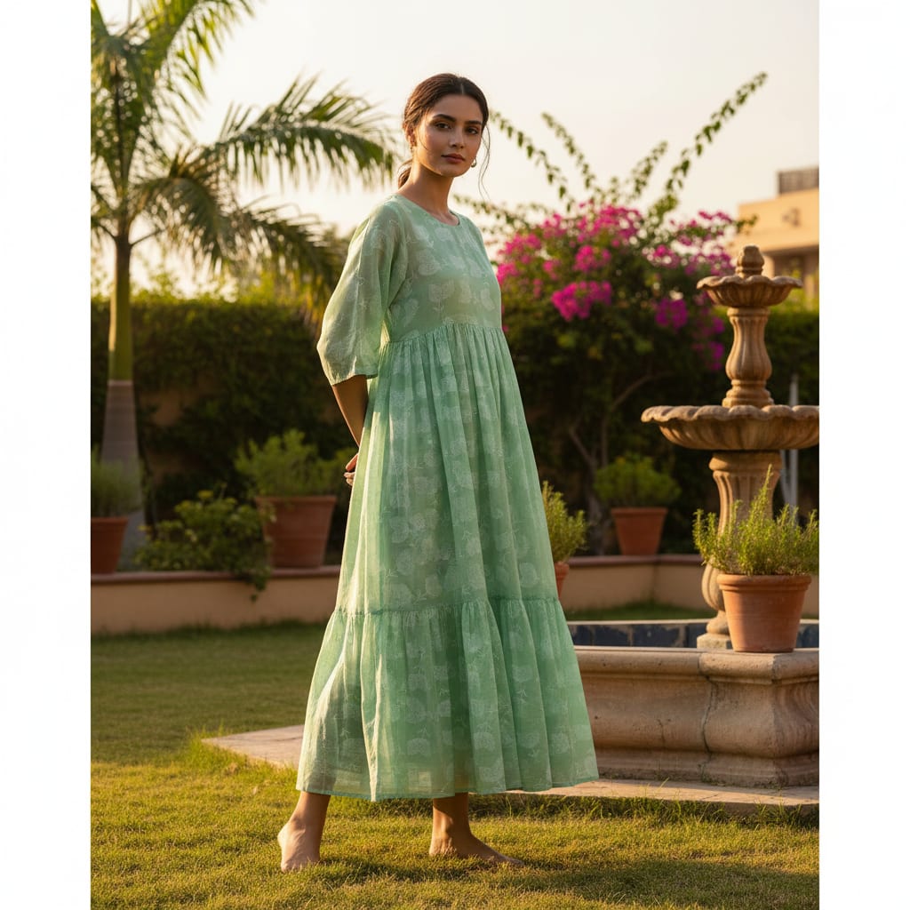 Chanderi Digital Printed Fabric with Decorative Butti Pattern in Green