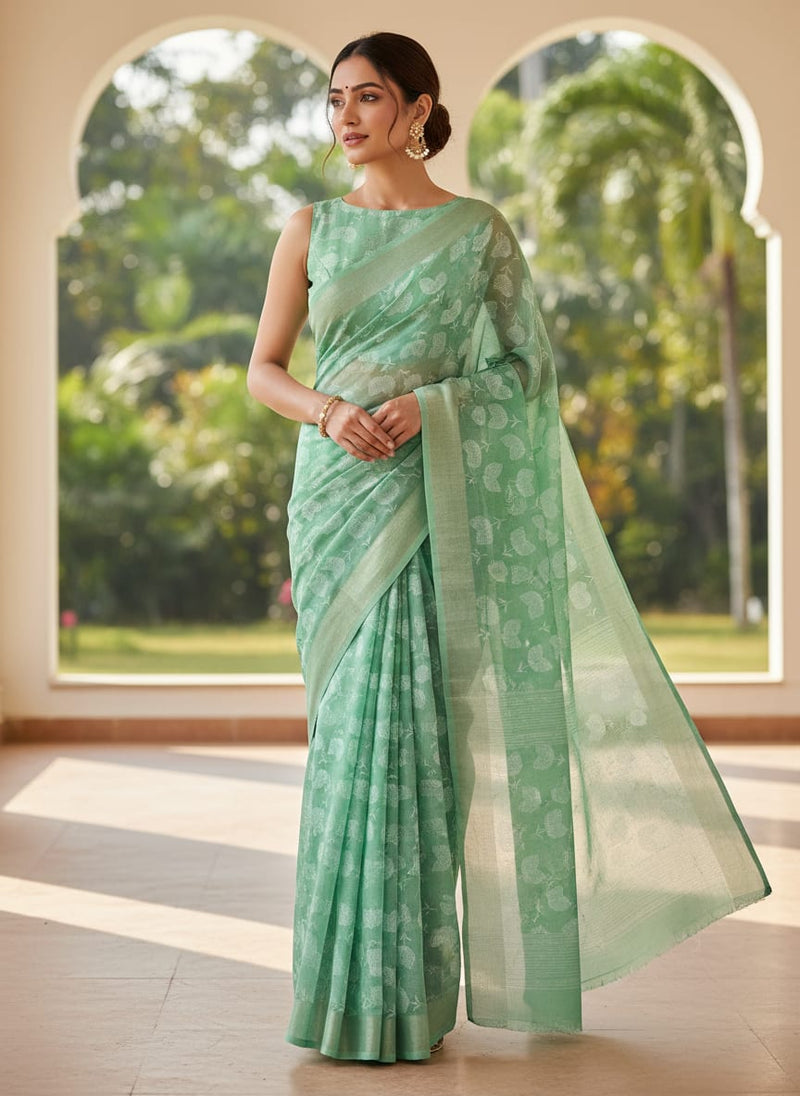 Chanderi Digital Printed Fabric with Decorative Butti Pattern in Green