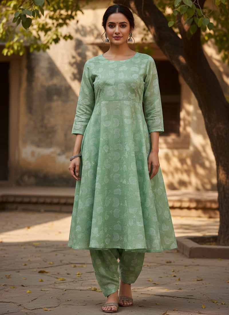 Chanderi Digital Printed Fabric with Decorative Butti Pattern in Green
