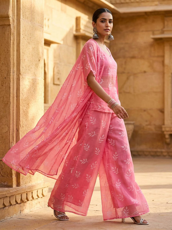 Pink Dainty Botanical Leaf Print Chanderi Digital Printed Fabric - Cape with Palazzo Lookbook - CH-0-FVS2022657-110 - alternate view