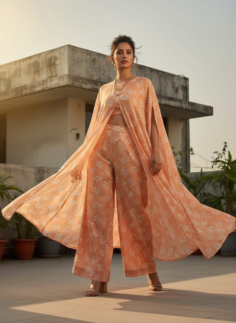 Chanderi Digital Printed Fabric - Orange Leaves