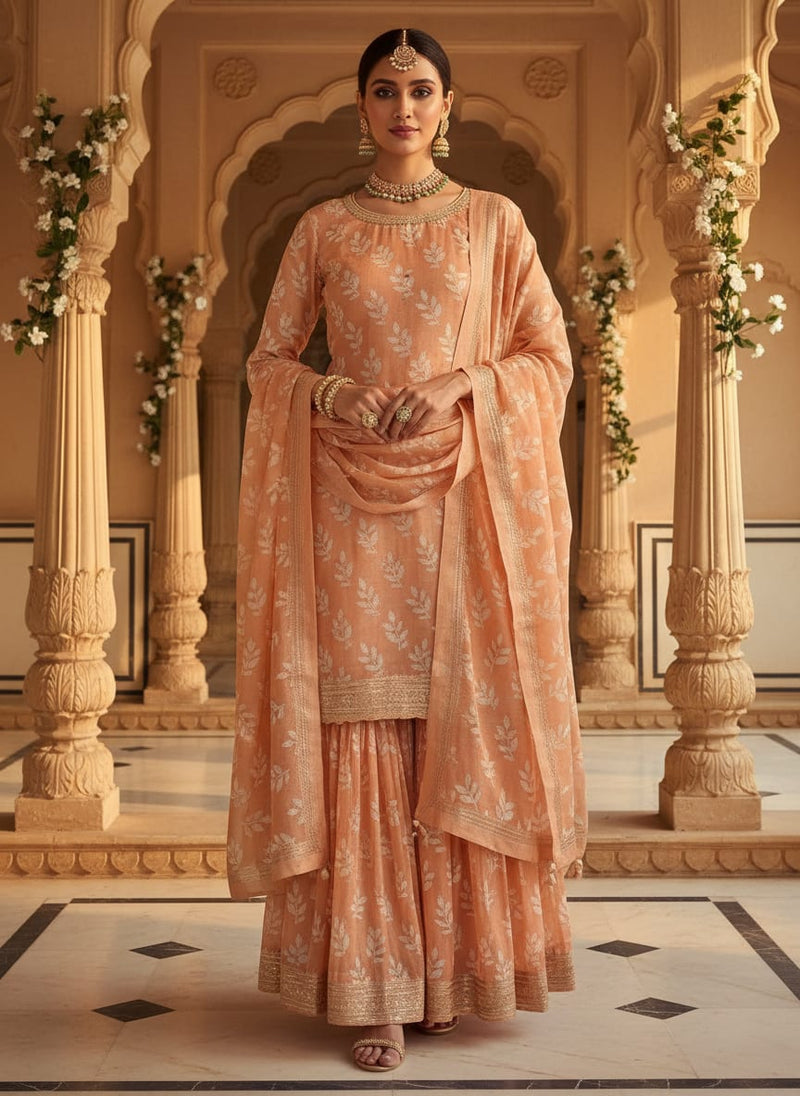 Chanderi Digital Printed Fabric - Orange Leaves