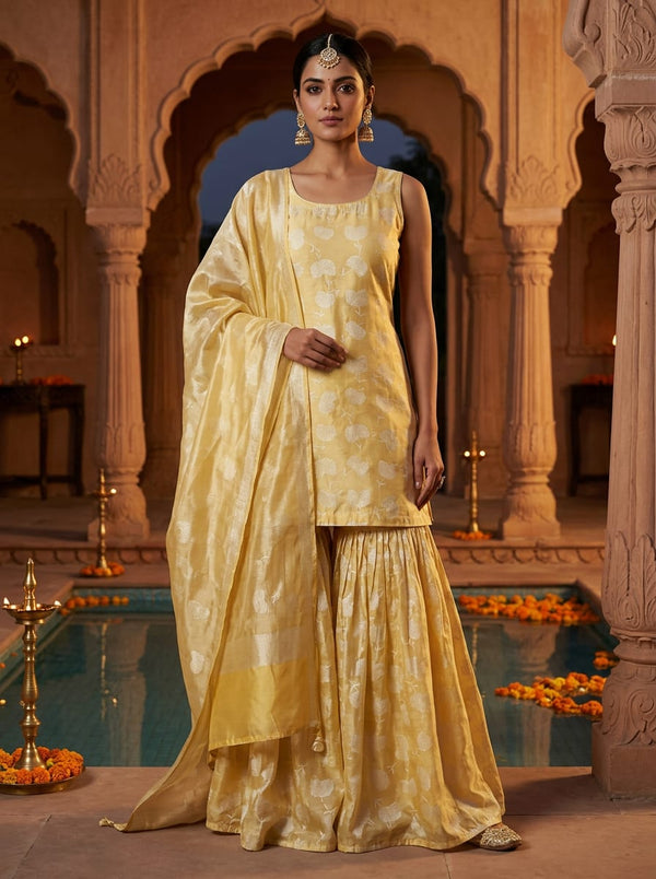 Yellow Dainty Stylized Floral Chanderi Digital Printed Fabric - Gharara Set Lookbook - CH-0-FVS2022659-110 - alternate view