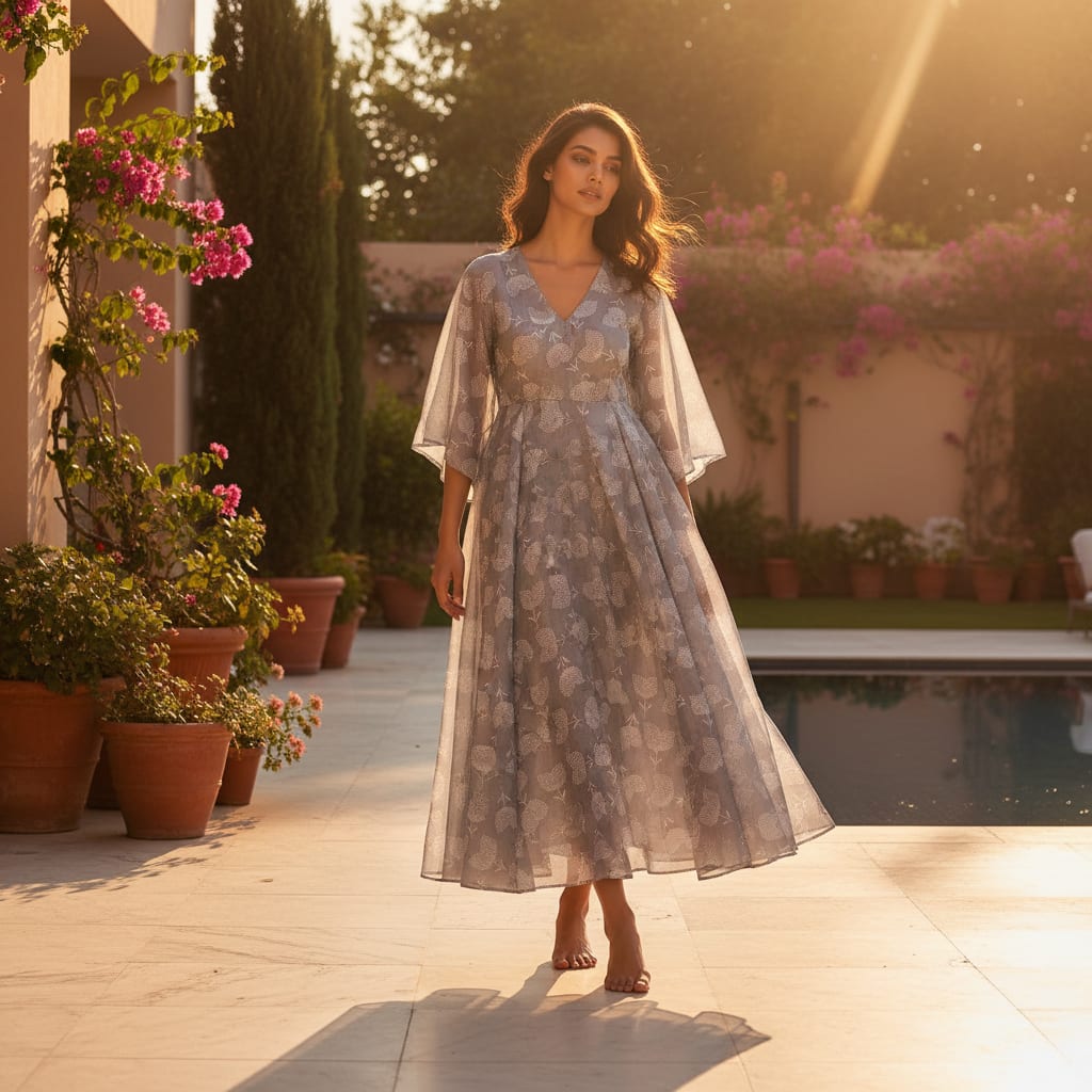 Chanderi Digital Printed Fabric in Gray with Decorative Pattern