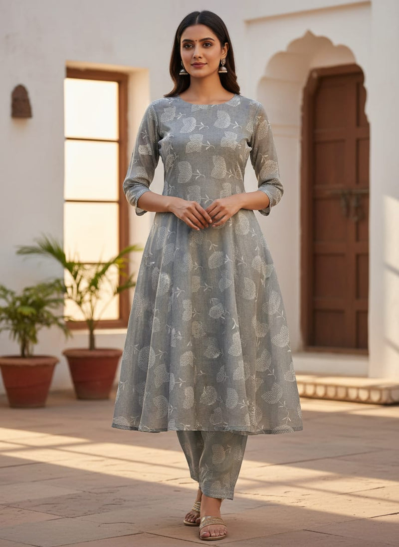 Chanderi Digital Printed Fabric in Gray with Decorative Pattern