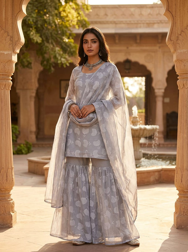 Grey Textured Botanical Leaf Print Chanderi Digital Printed Fabric - Gharara Set Lookbook - CH-0-FVS2022660-110 - alternate view