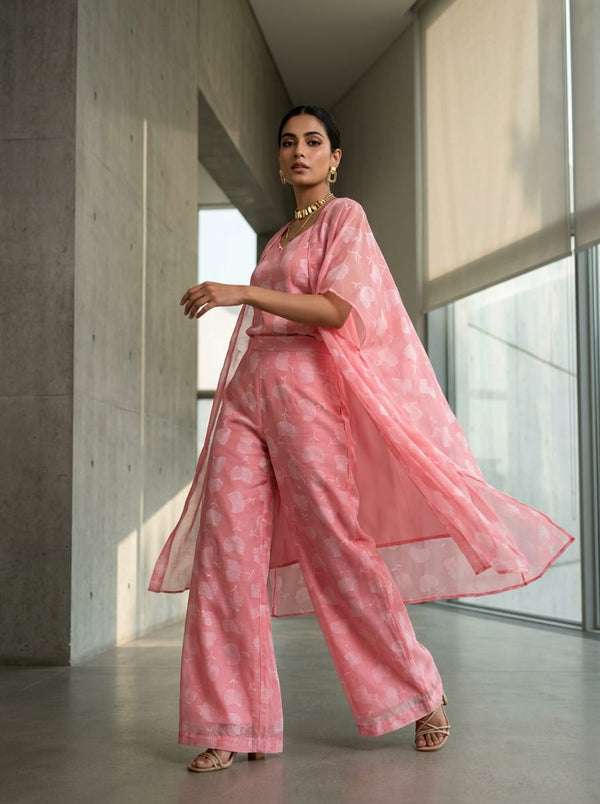 Pink Stylized Fan Floral Chanderi Digital Printed Fabric - Cape with Palazzo Lookbook - CH-0-FVS2022661-110 - alternate view
