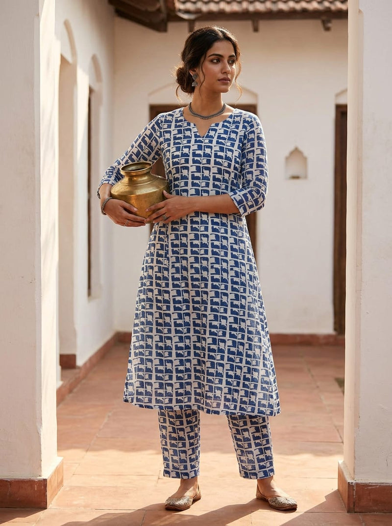 Navy Abstract Geometric Grid Pure Muslin Digital Printed Fabric
