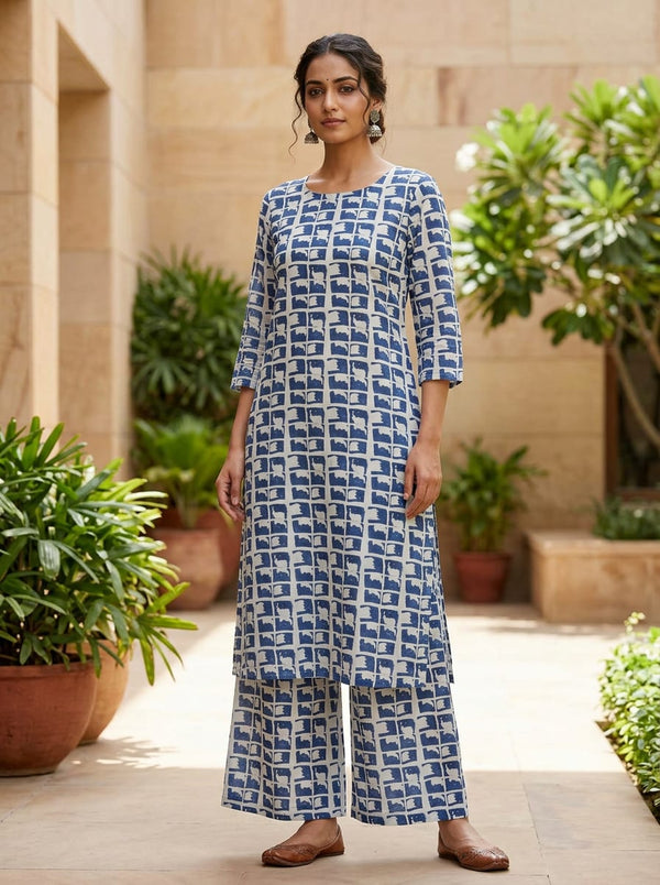 Navy Abstract Geometric Grid Pure Muslin Digital Printed Fabric - Straight Kurta with Palazzo Lookbook - PM-0-TA0167-110 - alternate view